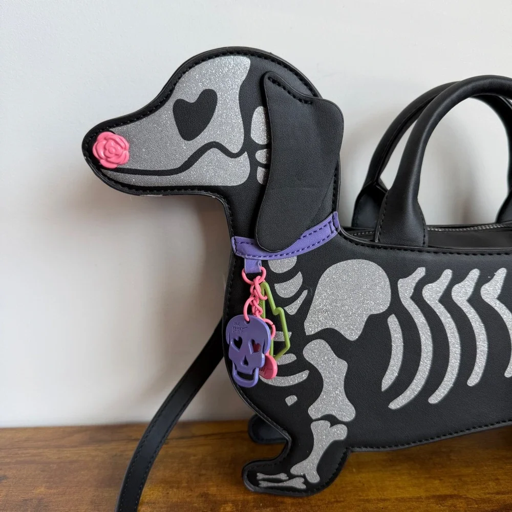 New Betsey Johnson Skeleton Dachshund Dog Satchel Crossbody Handbag Halloween